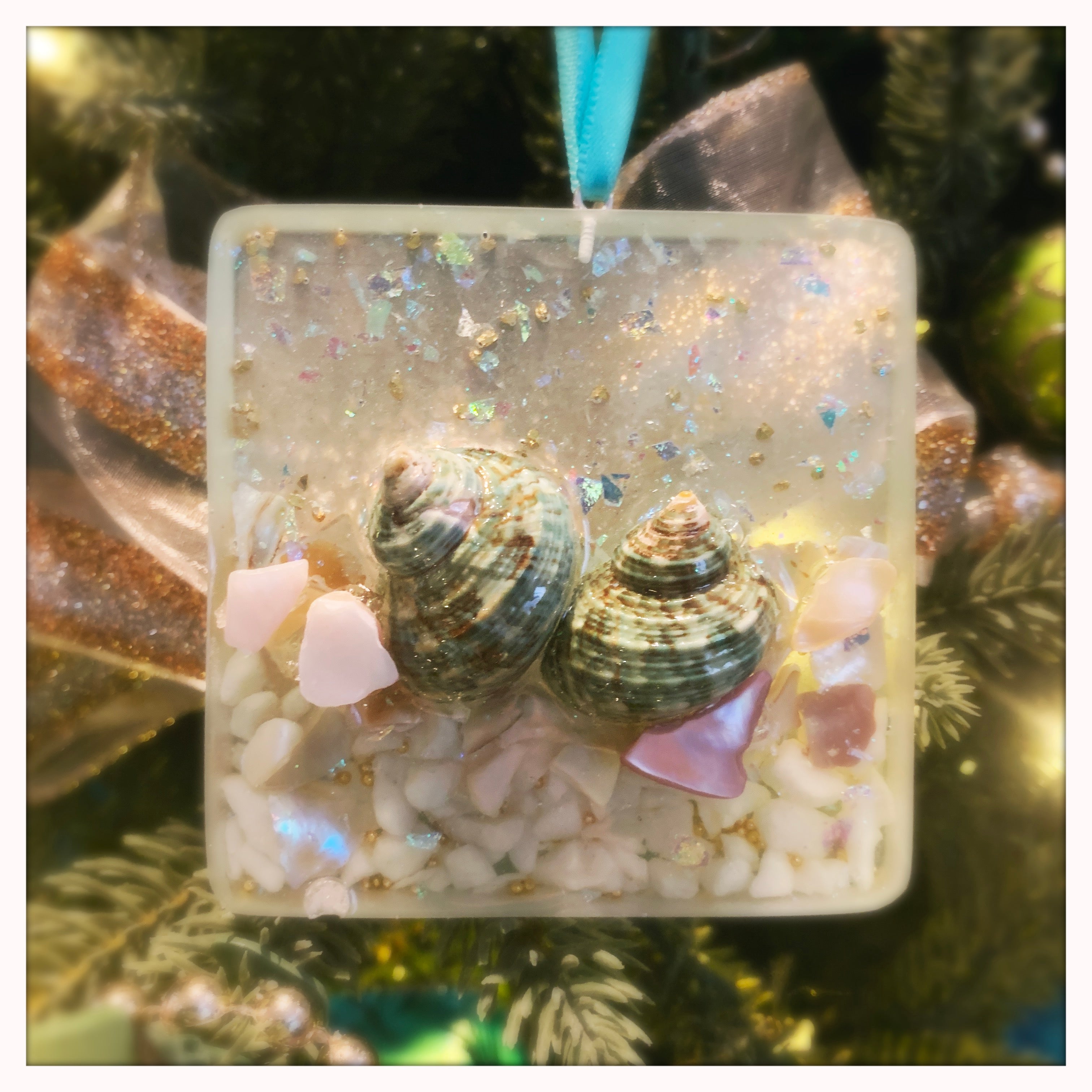 Seashell Ornament - Square - Green Shells