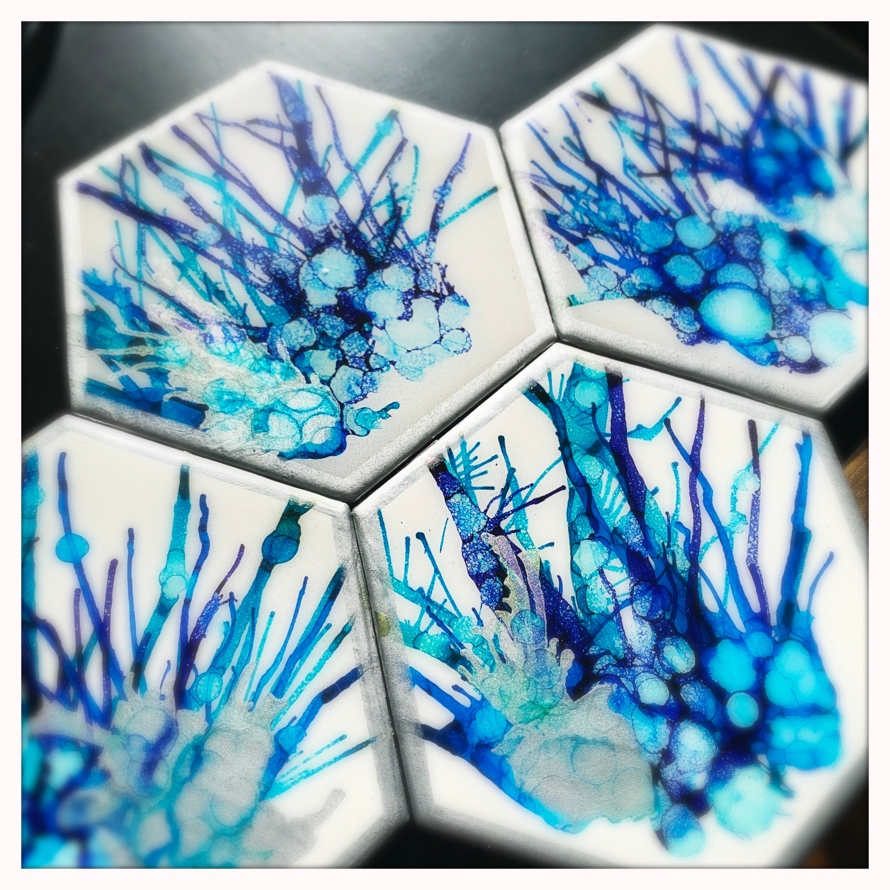 Coaster Set of 4 - Hexagon - Blues with Silver